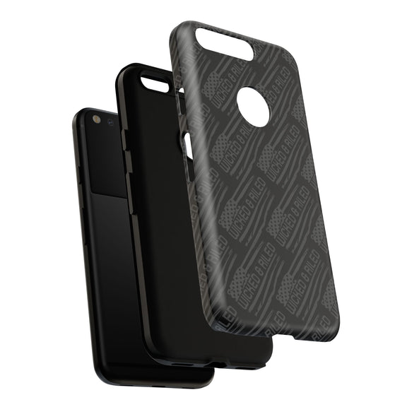 Rugged black protective phone case by Printify featuring a textured "TOUGH CASES" pattern for enhanced grip and durability.