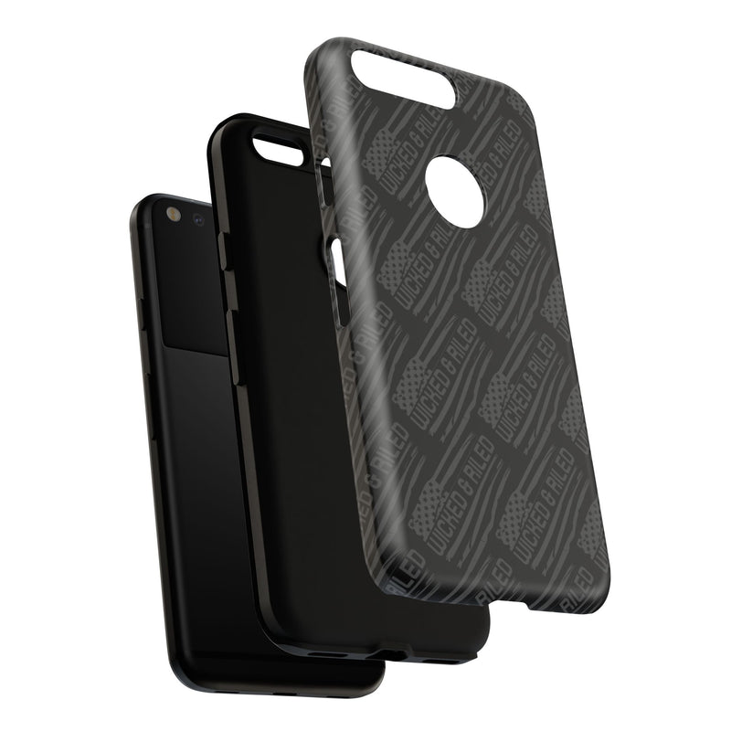 Rugged black protective phone case by Printify featuring a textured "TOUGH CASES" pattern for enhanced grip and durability.