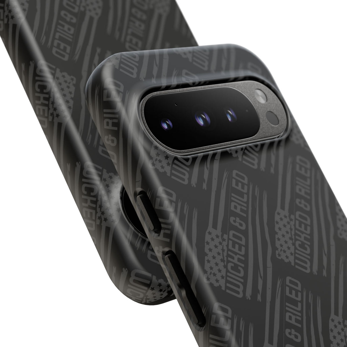 Rugged black protective phone case by Printify with a textured "TOUGH CASES" pattern for enhanced grip and durability.