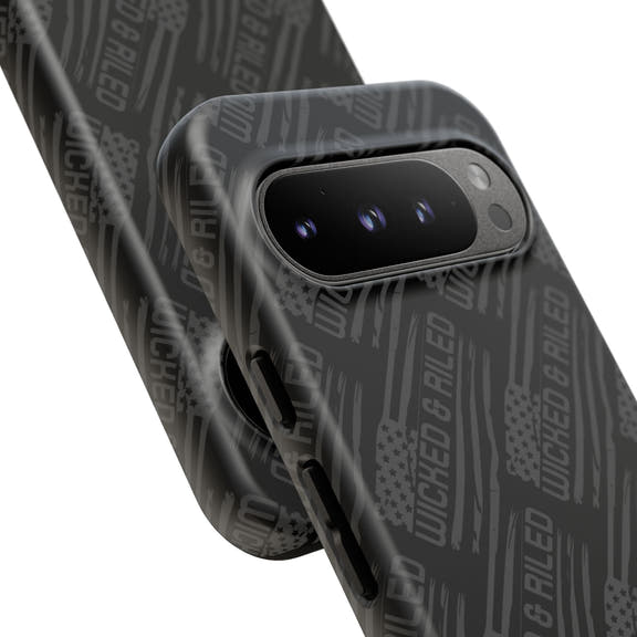 Rugged black protective phone case by Printify with a textured "TOUGH CASES" pattern for enhanced grip and durability.