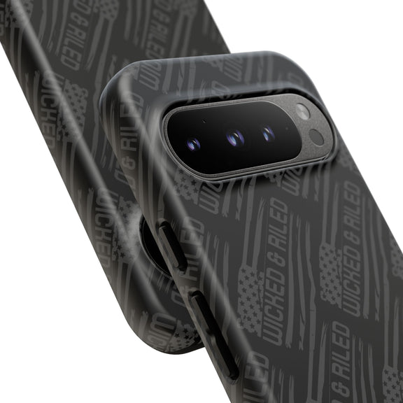 Rugged black protective phone case by Printify with a textured "TOUGH CASES" pattern for enhanced grip and durability.