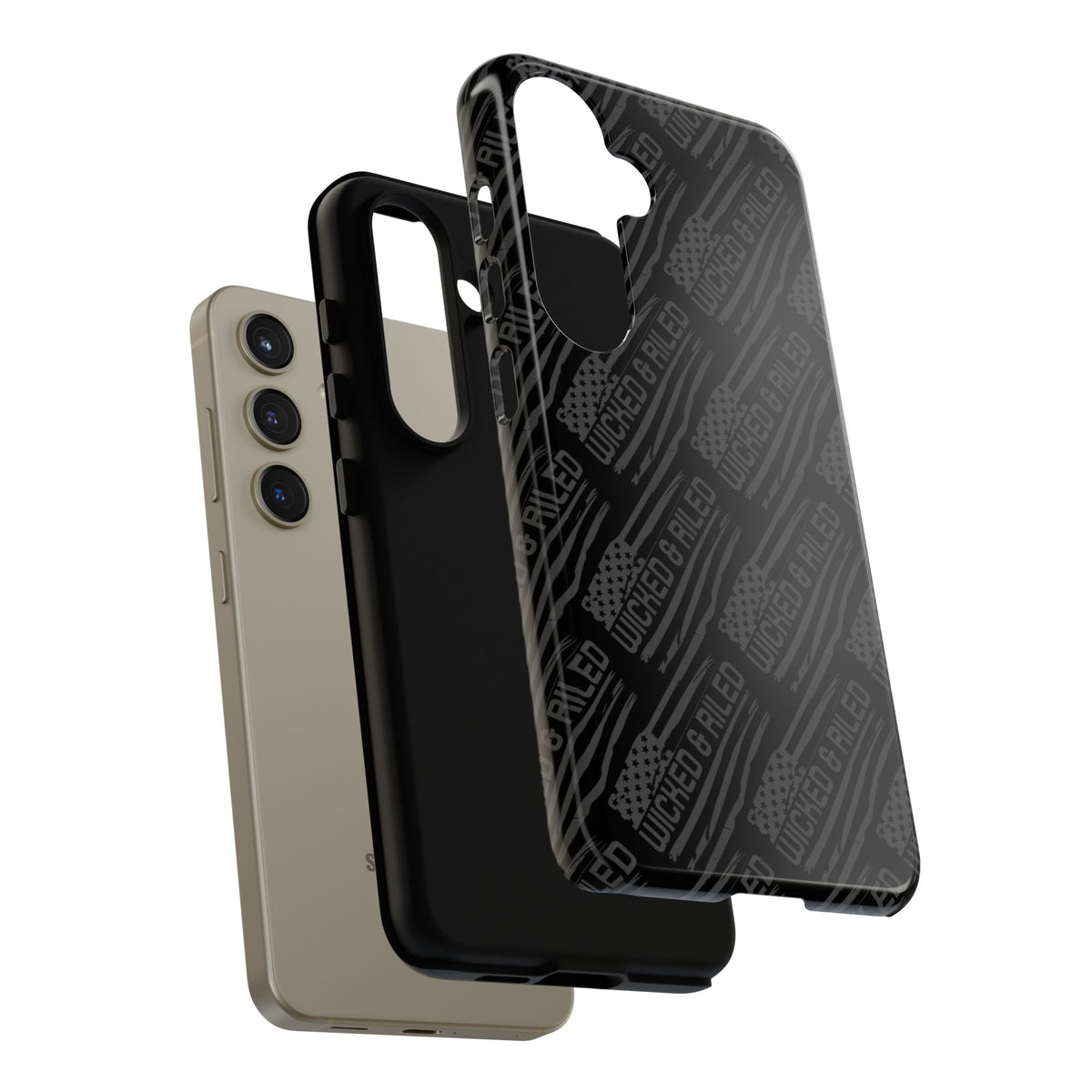 Rugged black protective phone case by Printify with TOUGH CASES text pattern, showcasing its durable design and texture.