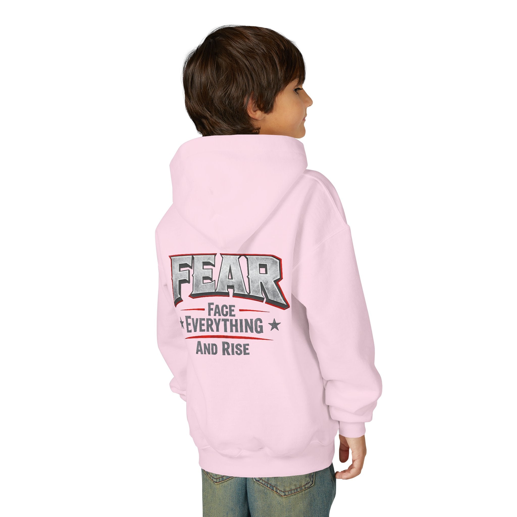 Youth Hoodie Distressed American Flag with 'WR' Front & 'Fear Face Everything And Rise' Motivational Back - Wicked & Riled Clothing