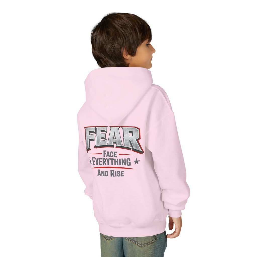 Youth Hoodie Distressed American Flag with 'WR' Front & 'Fear Face Everything And Rise' Motivational Back
