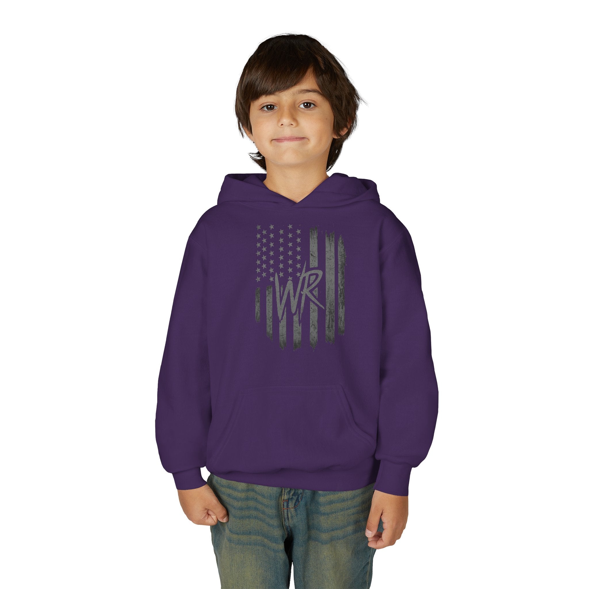 Youth Hoodie Distressed American Flag with Initials 'WR' - Wicked & Riled Clothing