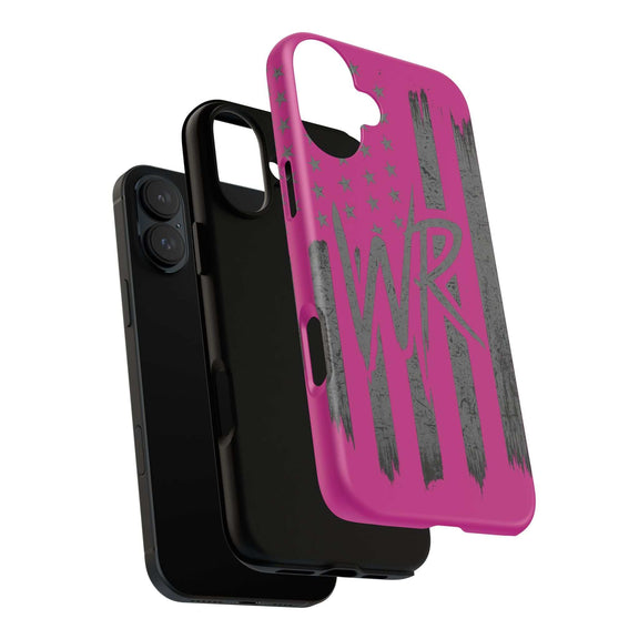 Pink 'WR' Flag Tough Phone Case by Printify with a durable design and vibrant flag graphic on a protective cover.