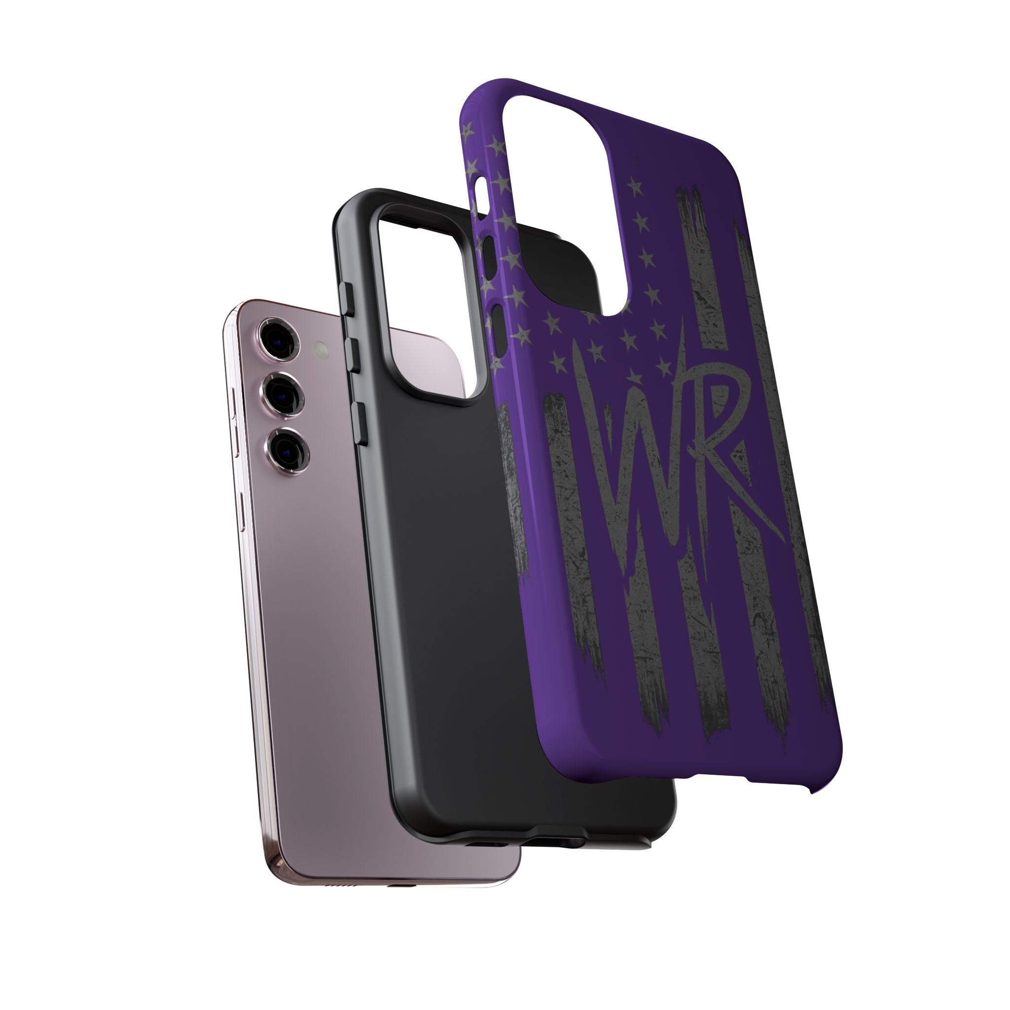 Purple 'WR' flag tough phone case by Printify showcasing durable design and vibrant colors.