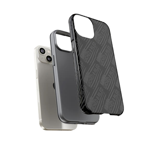 Rugged black protective phone case from Printify featuring a "TOUGH CASES" text pattern.