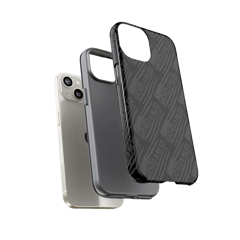 Rugged black protective phone case from Printify featuring a "TOUGH CASES" text pattern.