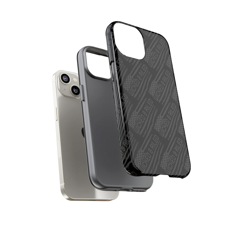 Rugged black protective phone case from Printify featuring a "TOUGH CASES" text pattern.