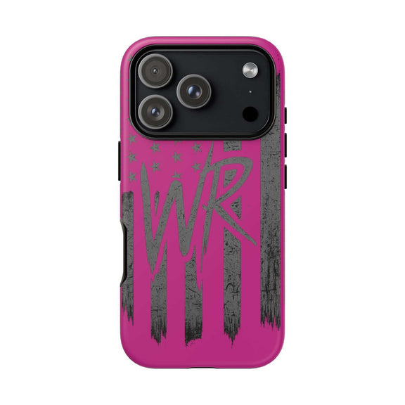 Pink 'WR' Flag Tough Phone Case by Printify with durable design and vibrant colors displayed on a white background.