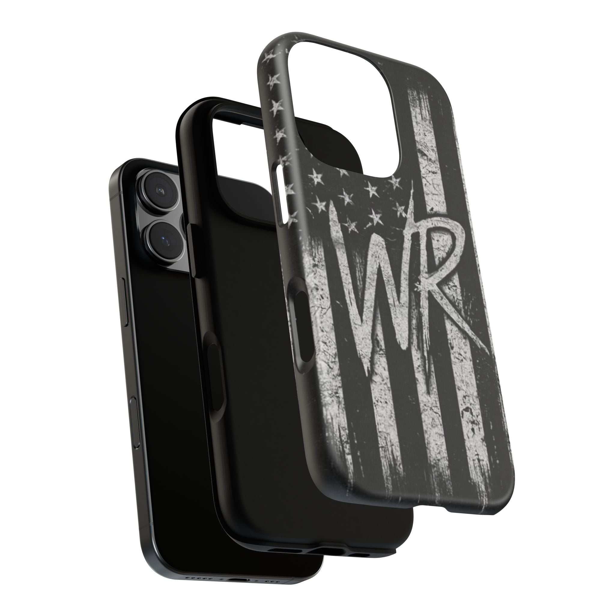 Patriotic monogram tough phone case featuring a distressed American flag design with WR by Printify.