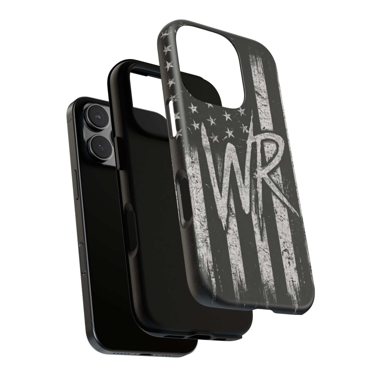 Patriotic monogram tough phone case featuring a distressed American flag design with WR by Printify.