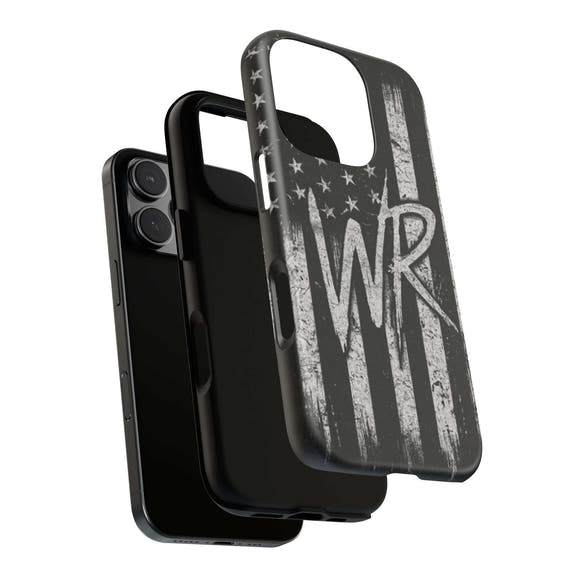 Patriotic monogram tough phone case featuring a distressed American flag design with WR by Printify.