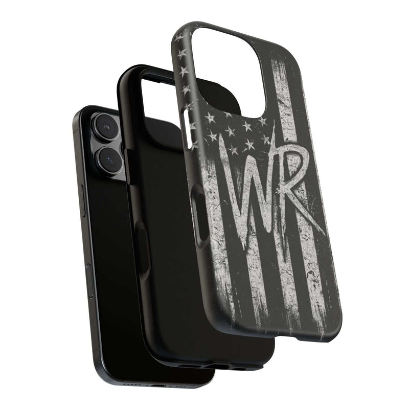 Patriotic monogram tough phone case featuring a distressed American flag design with WR by Printify.