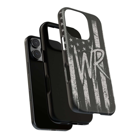 Patriotic monogram tough phone case featuring a distressed American flag design with WR by Printify.