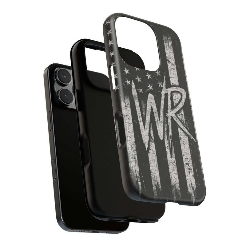 Patriotic monogram tough phone case featuring a distressed American flag design with WR by Printify.