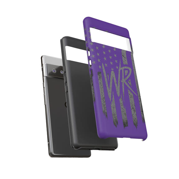 Purple 'WR' flag tough phone case by Printify, showcasing durable design and vibrant colors for protection and style.