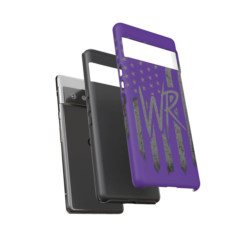 Purple 'WR' flag tough phone case by Printify, showcasing durable design and vibrant colors for protection and style.