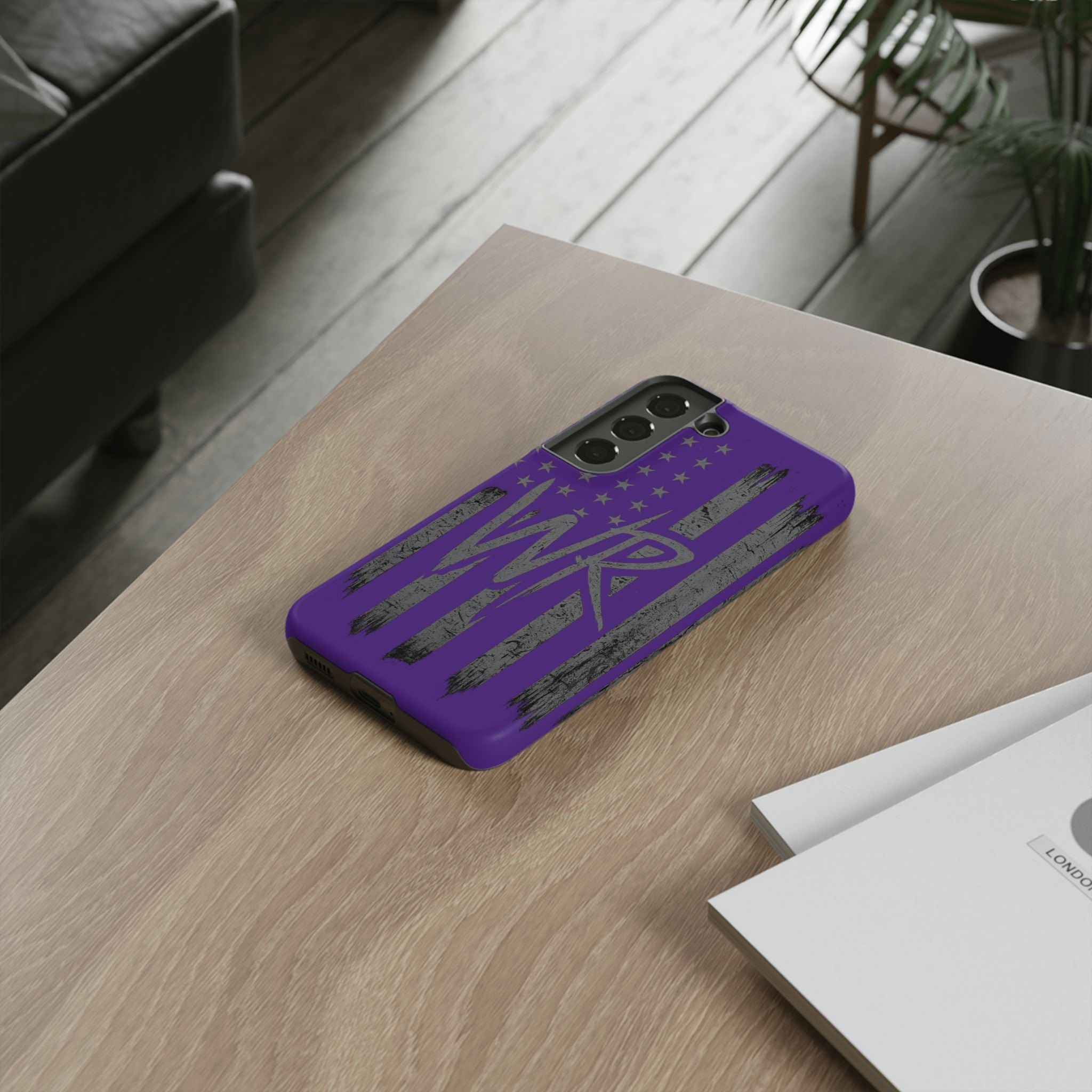 Purple 'WR' flag tough phone case by Printify, featuring a durable design with vibrant colors and precise cutouts.