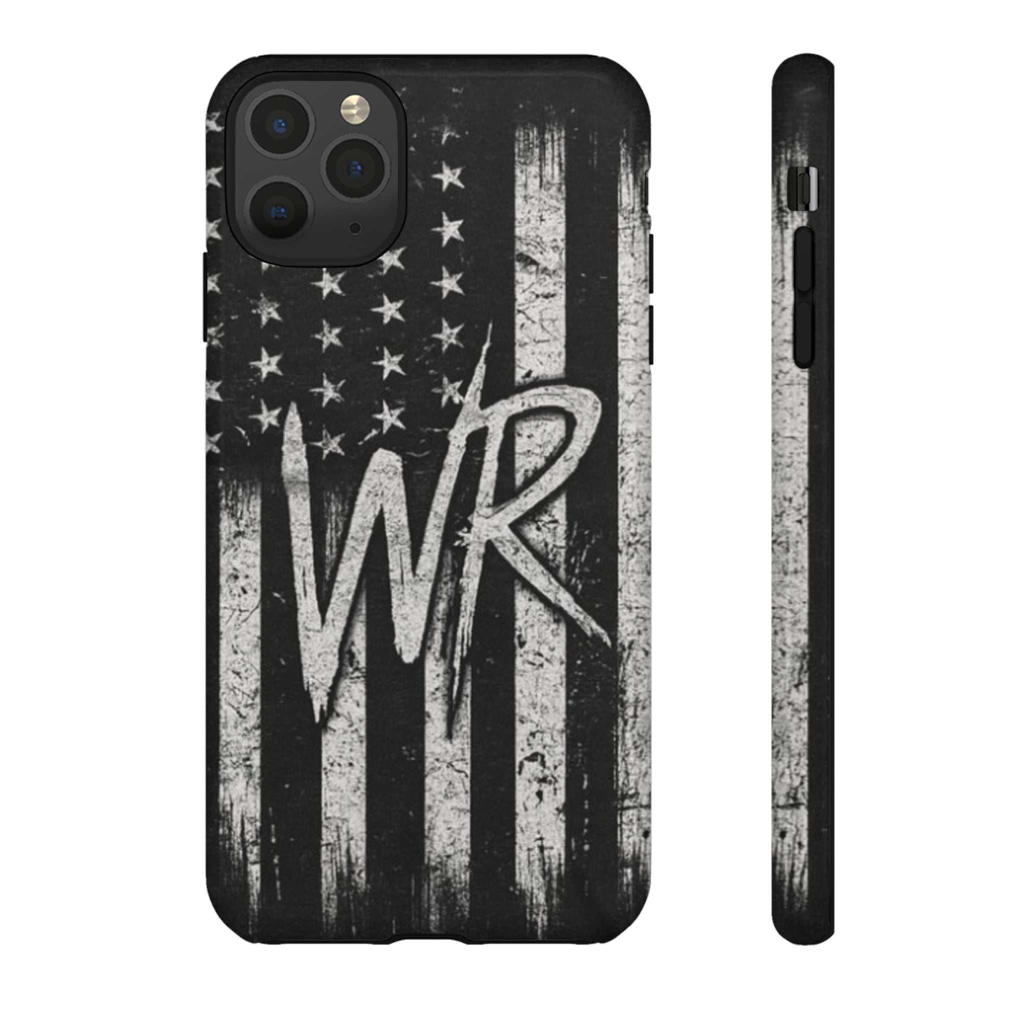 Distressed American flag design on a Patriotic Monogram Tough Phone Case by Printify featuring the initials WR.