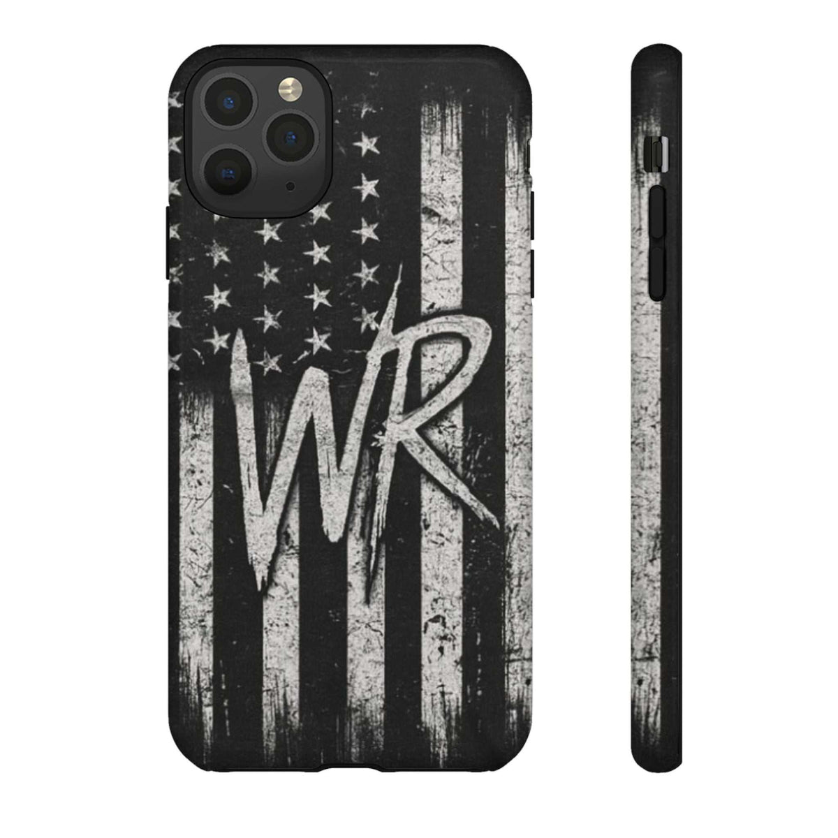 Distressed American flag design on a Patriotic Monogram Tough Phone Case by Printify featuring the initials WR.