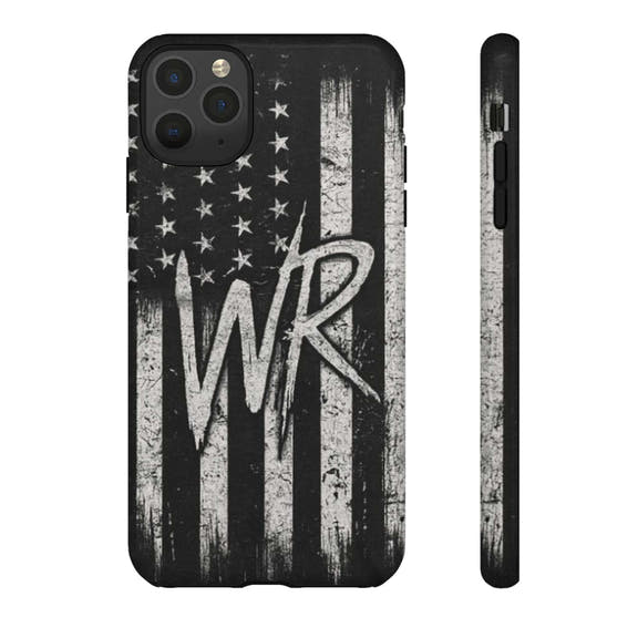 Distressed American flag design on a Patriotic Monogram Tough Phone Case by Printify featuring the initials WR.