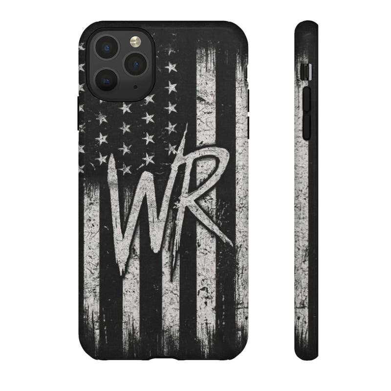 Distressed American flag design on a Patriotic Monogram Tough Phone Case by Printify featuring the initials WR.