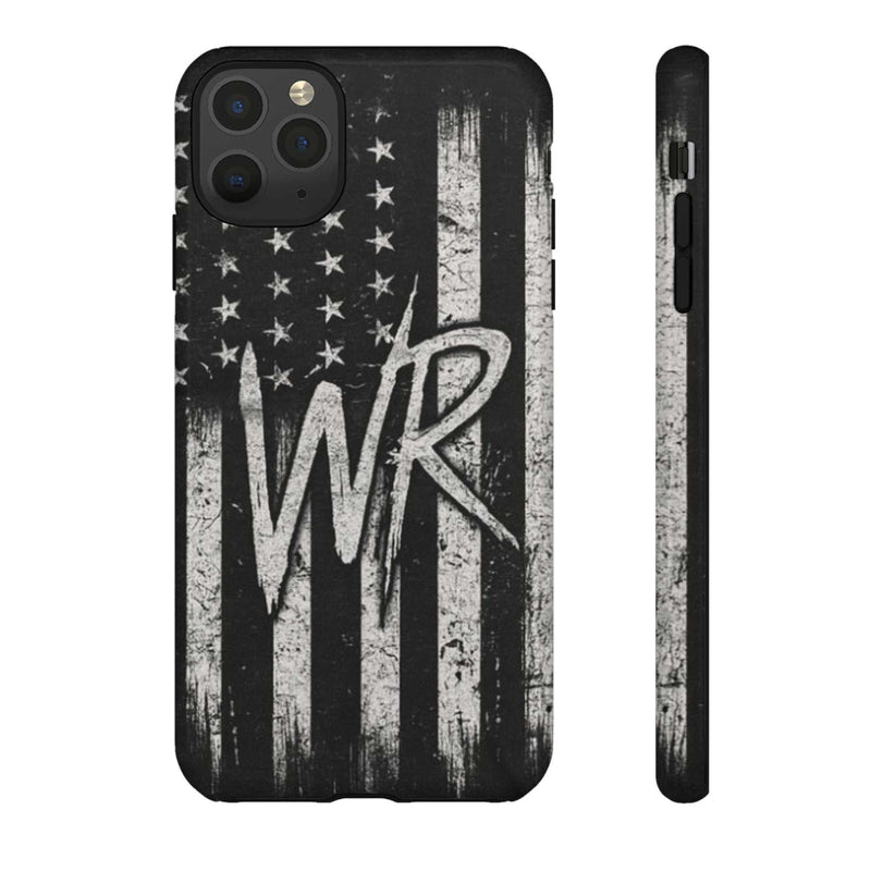 Distressed American flag design on a Patriotic Monogram Tough Phone Case by Printify featuring the initials WR.