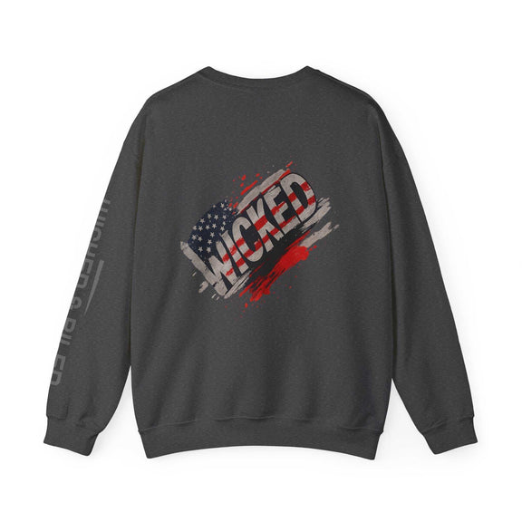 Wicked Americana Crewneck Sweatshirt by Printify featuring a bold graphic of the Wicked Flag on a cozy fabric.