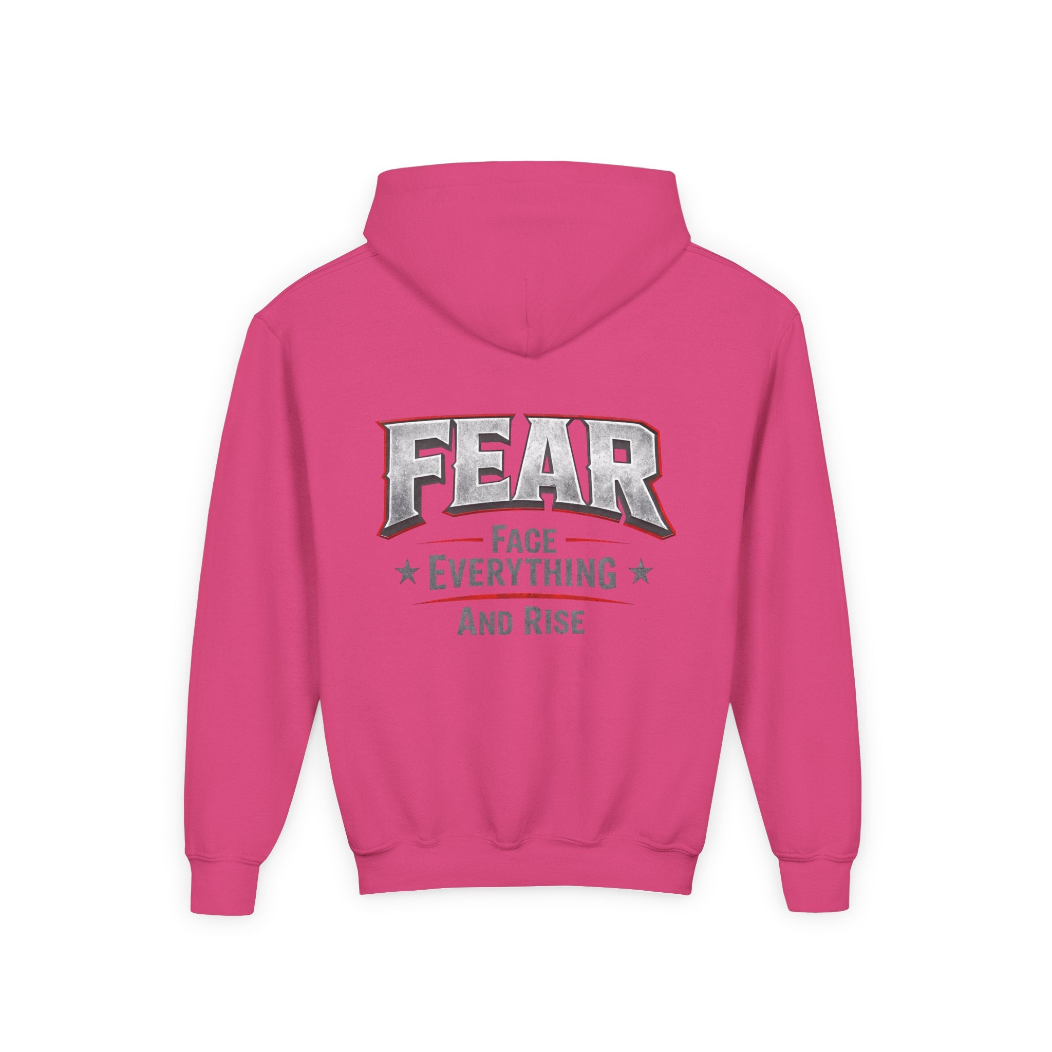 Youth Hoodie Distressed American Flag with 'WR' Front & 'Fear Face Everything And Rise' Motivational Back - Wicked & Riled Clothing