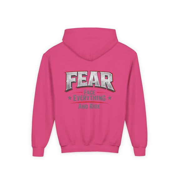 Youth Hoodie Distressed American Flag with 'WR' Front & 'Fear Face Everything And Rise' Motivational Back - Wicked & Riled Clothing