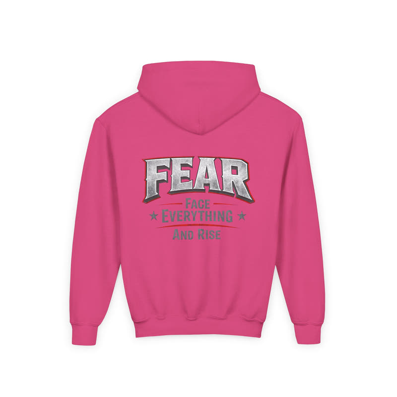 Youth Hoodie Distressed American Flag with 'WR' Front & 'Fear Face Everything And Rise' Motivational Back - Wicked & Riled Clothing