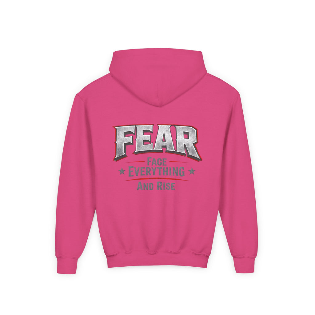 Youth Hoodie Distressed American Flag with 'WR' Front & 'Fear Face Everything And Rise' Motivational Back