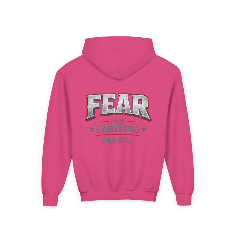 Youth Hoodie Distressed American Flag with 'WR' Front & 'Fear Face Everything And Rise' Motivational Back - Wicked & Riled Clothing