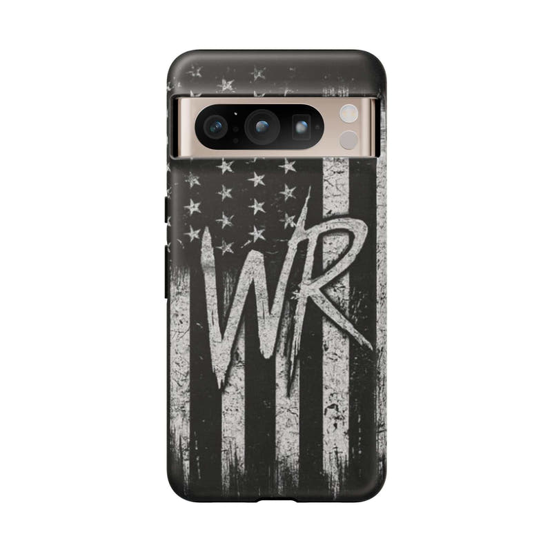 Distressed American flag phone case by Printify featuring a patriotic monogram with the letters WR.