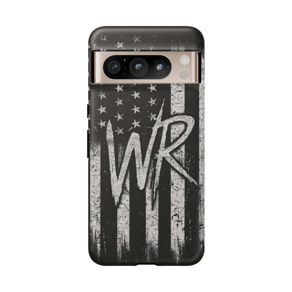 Distressed American flag phone case by Printify featuring a patriotic monogram with the letters WR.