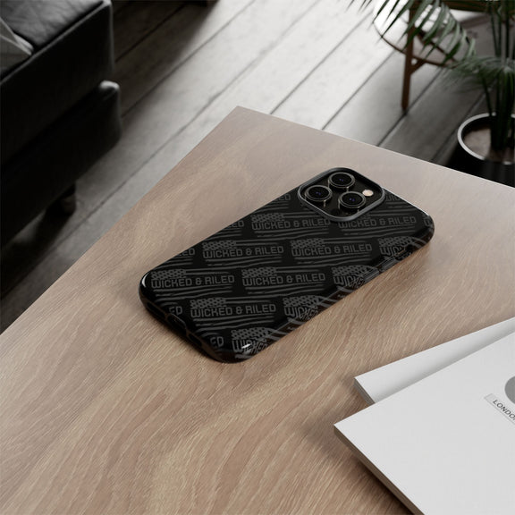 Rugged black protective phone case by Printify with "TOUGH CASES" text pattern, showcasing durable design and texture.