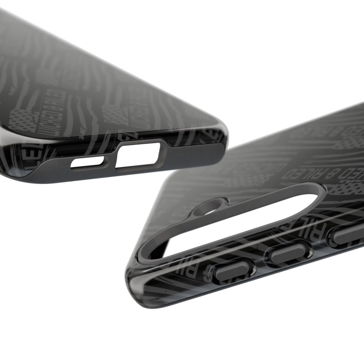 Rugged black protective phone case by Printify with a textured "TOUGH CASES" pattern, designed for durability.