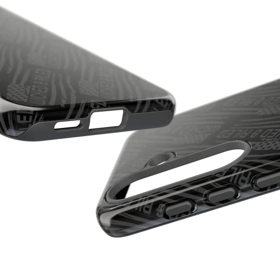 Rugged black protective phone case by Printify with a textured "TOUGH CASES" pattern, designed for durability.