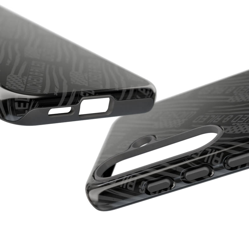 Rugged black protective phone case by Printify with a textured "TOUGH CASES" pattern, designed for durability.