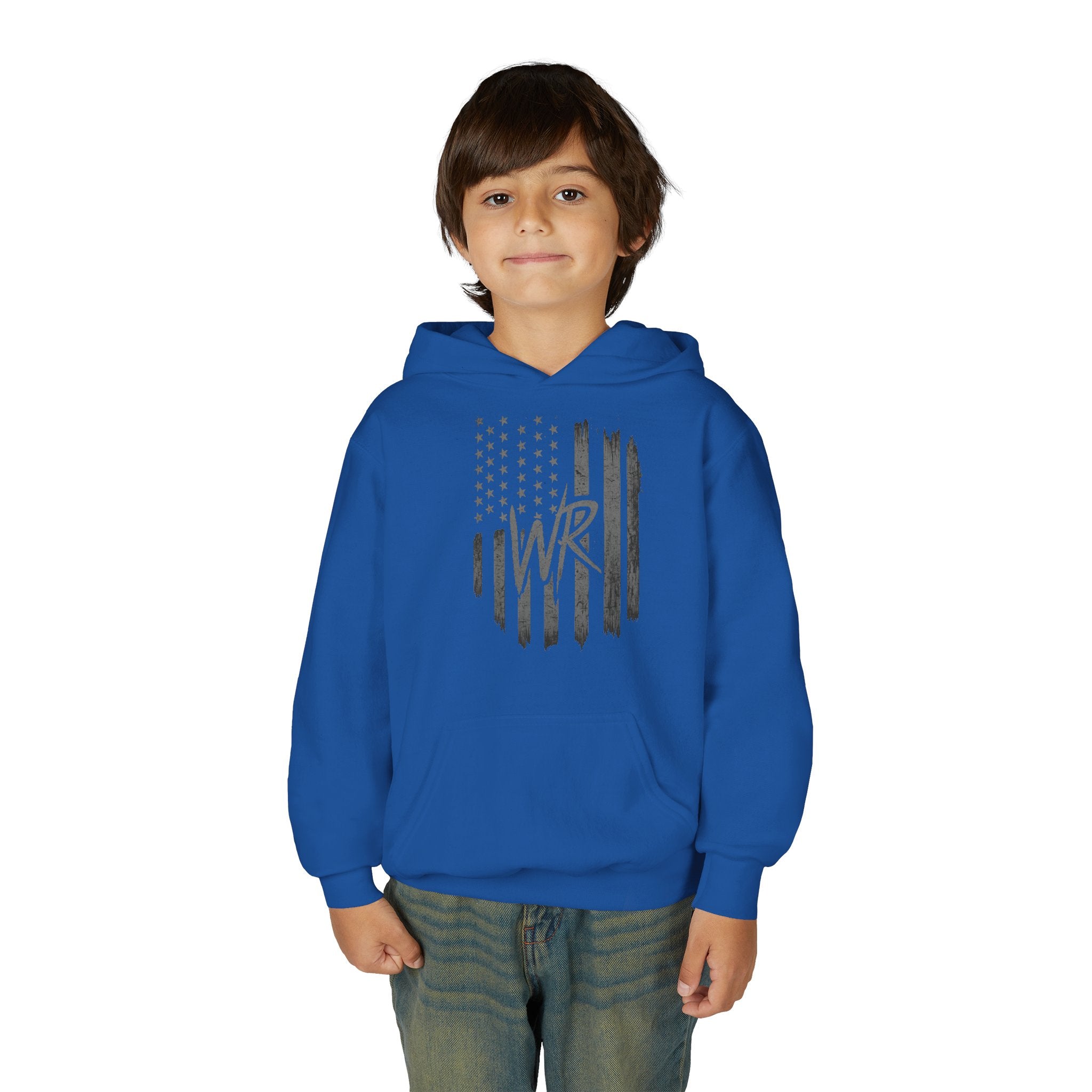Youth Hoodie Distressed American Flag with Initials 'WR' - Wicked & Riled Clothing