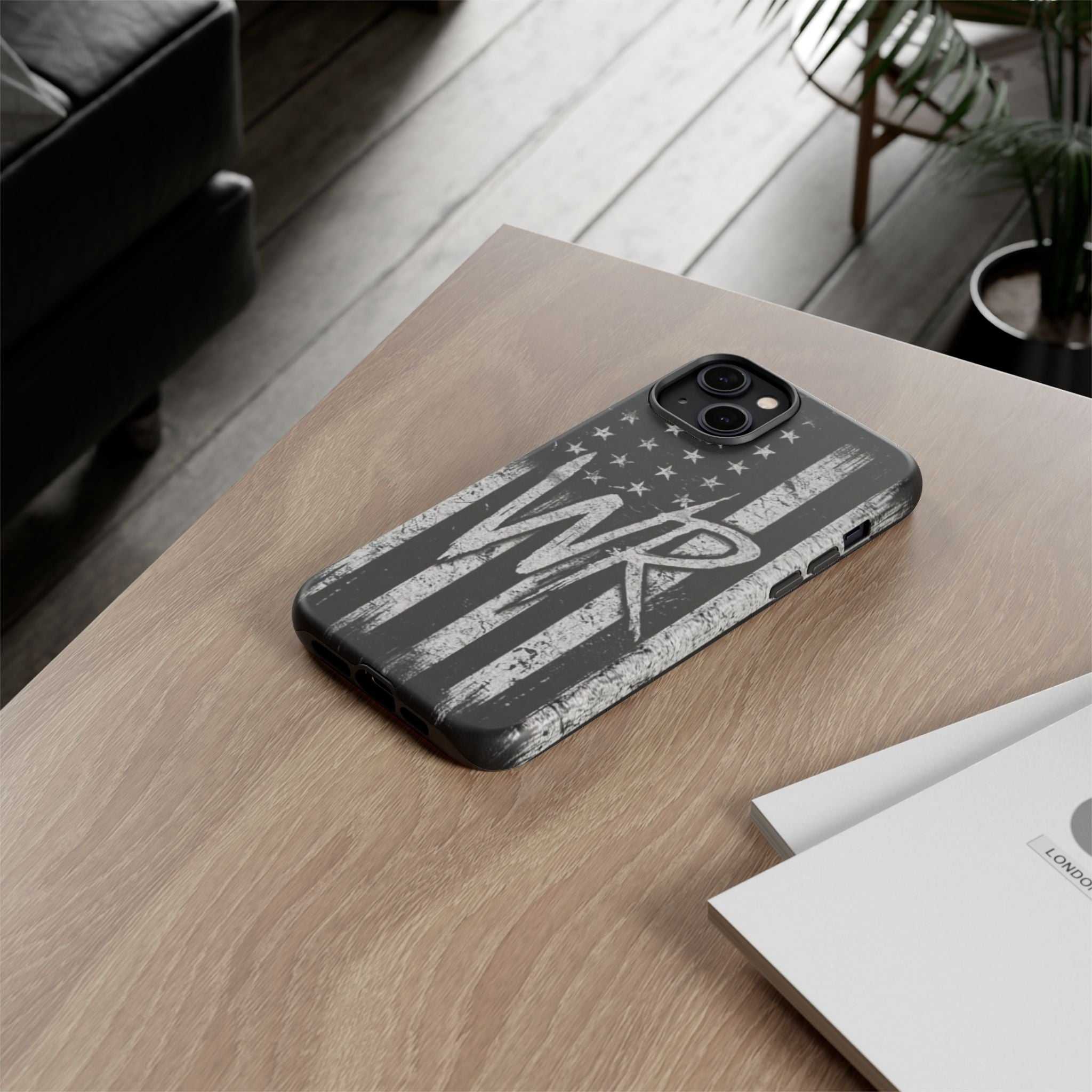 Distressed American flag phone case featuring a monogram WR, designed by Printify for tough protection.