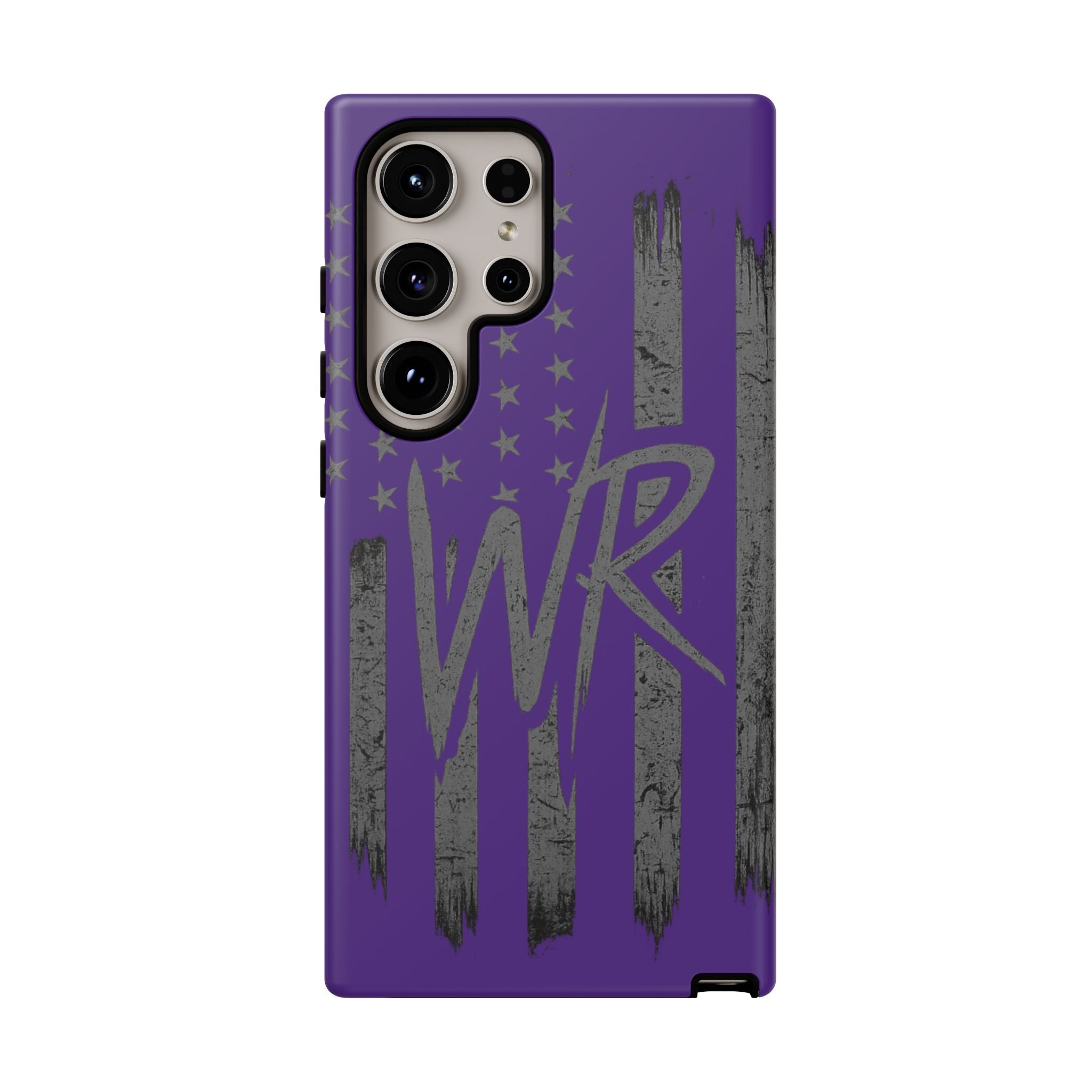 Purple 'WR' flag tough phone case by Printify, showcasing durable design and vibrant colors for protection and style.