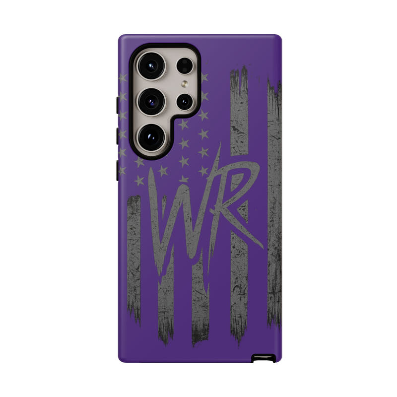 Purple 'WR' flag tough phone case by Printify, showcasing durable design and vibrant colors for protection and style.
