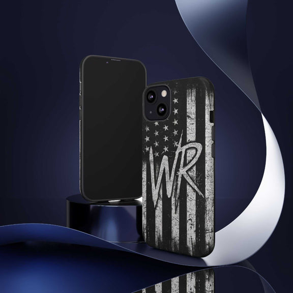 Distressed American flag design on a Patriotic Monogram Tough Phone Case featuring the initials WR by Printify.