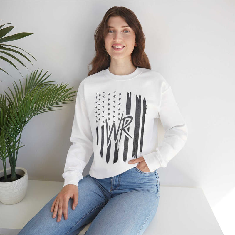 Distressed American Flag crewneck sweatshirt with WR monogram by Printify, showcasing a patriotic design and cozy fit.