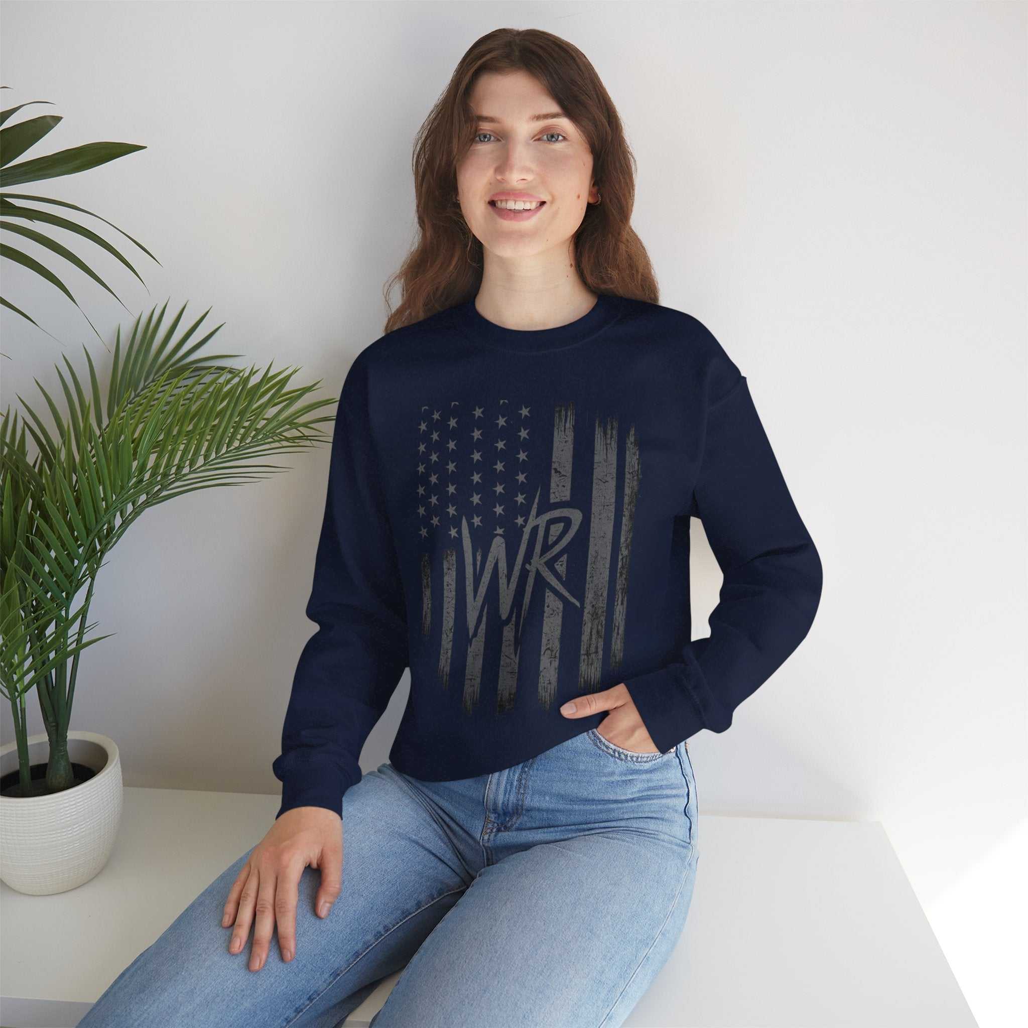 Distressed American Flag crewneck sweatshirt with WR monogram, a patriotic pullover by Printify.