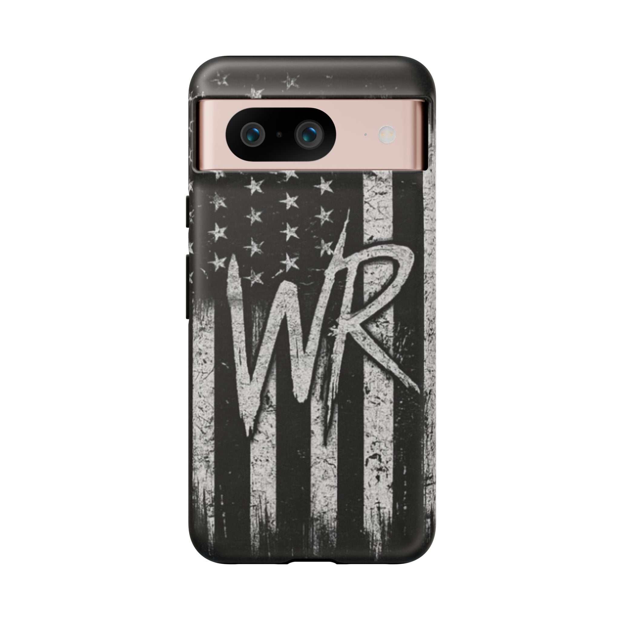Distressed American flag design on a tough phone case with a monogram "WR" by Printify.