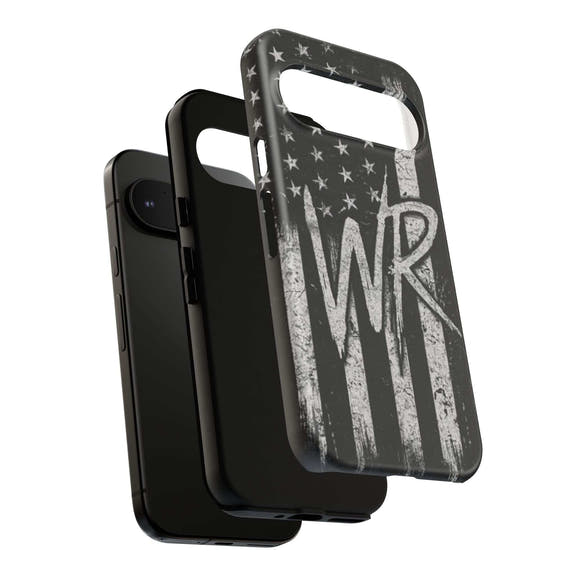 Distressed American flag phone case featuring a patriotic monogram WR by Printify.